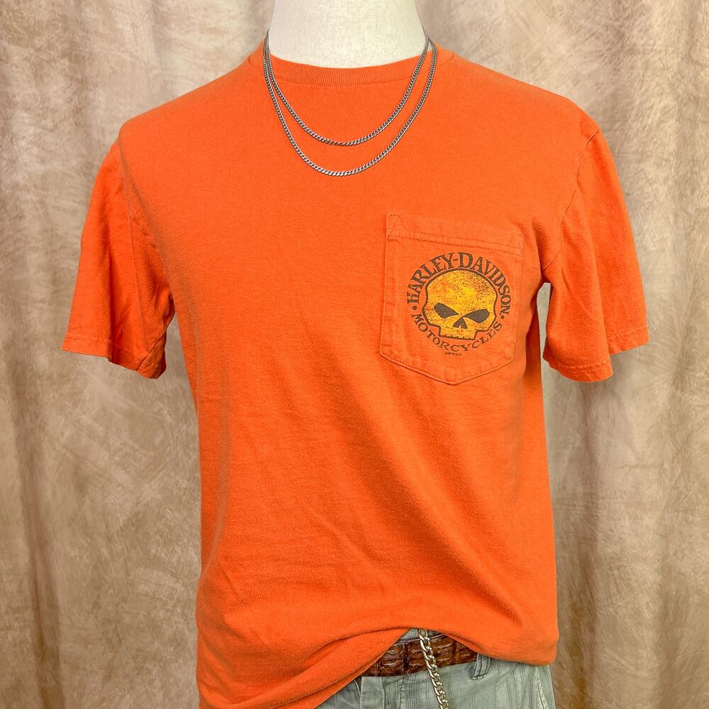 Harley Davidson Skull T-Shirt Pocket Graphic Tee Orange Big Barn Biker Moto